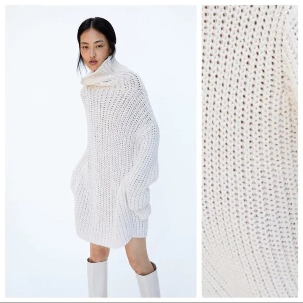 Zara Oversized Turtleneck Sweater Dress - Cream (Small)